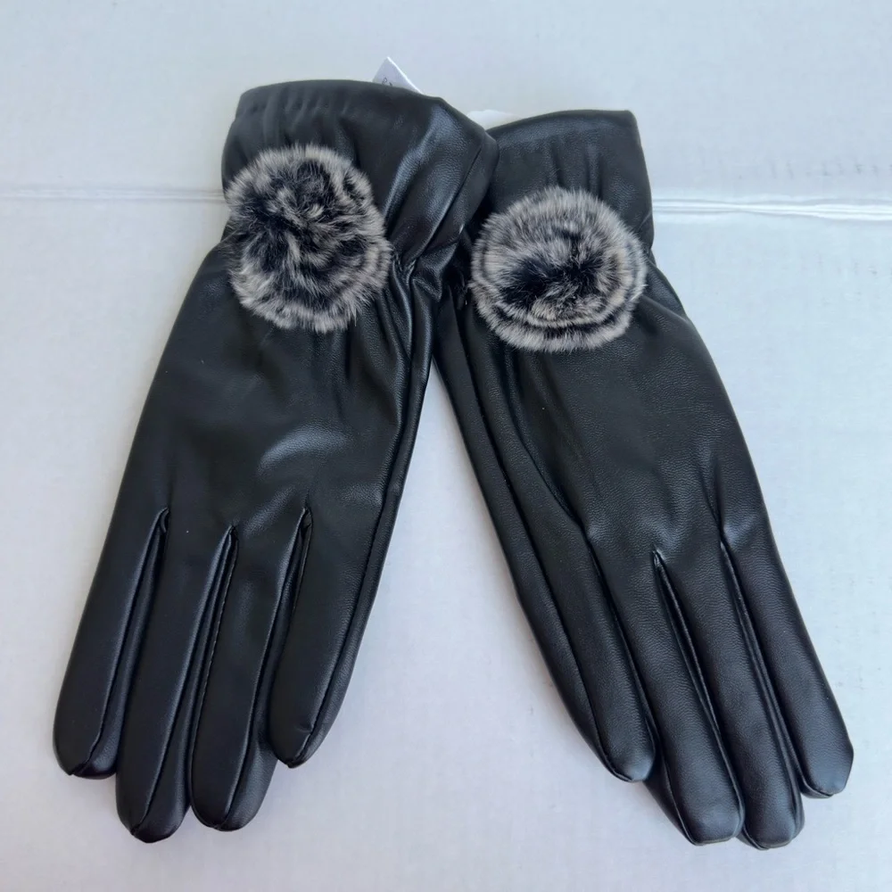 Black Faux Leather Gloves M/L Rabbit Fur Trim Winter Chic